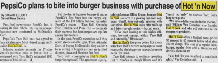 Hot n Now Hamburgers - Dec 1990 Pepsi Buys Them